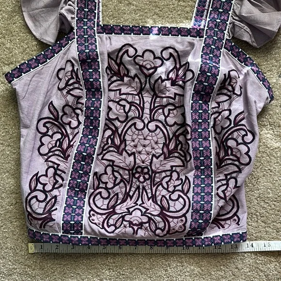Anthropologie Lavender Embroidered Ruffle-Sleeve Top - Picture 8 of 9